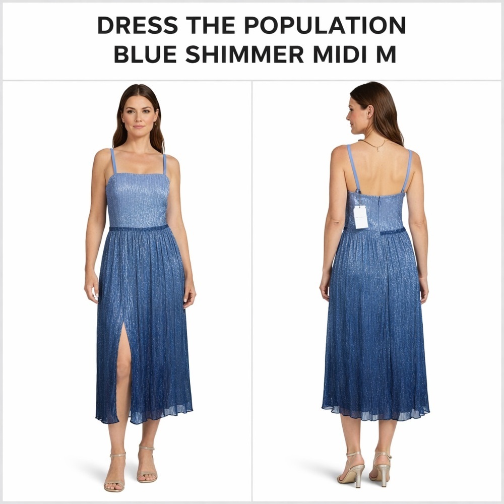 DRESS THE POPULATION BLUE SHIMMER MIDI M